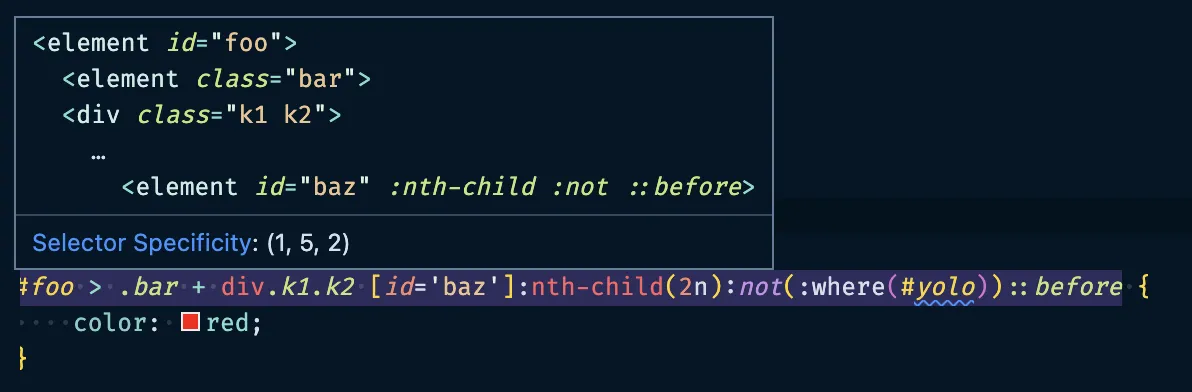 VSCode parsing "#foo > .bar + div.k1.k2 [id='baz'](2n)((#yolo))::before"