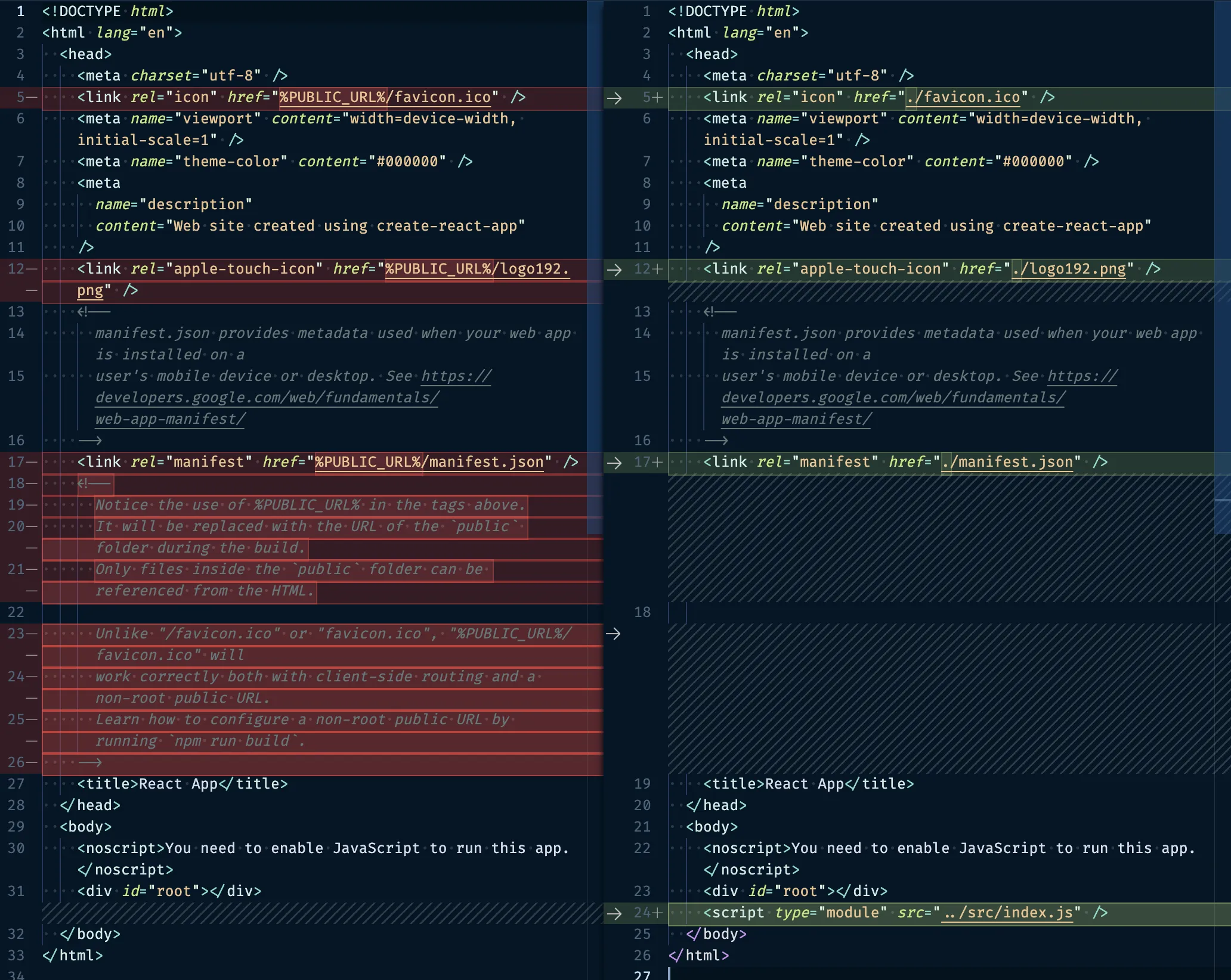 diff between CRA's index.html and Parcel's index.html