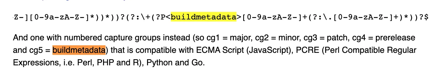 Screenshot of semver spec saying "And one with numbered capture groups instead (so cg1 = major, cg2 = minor, cg3 = patch, cg4 = prerelease and cg5 = buildmetadata)"