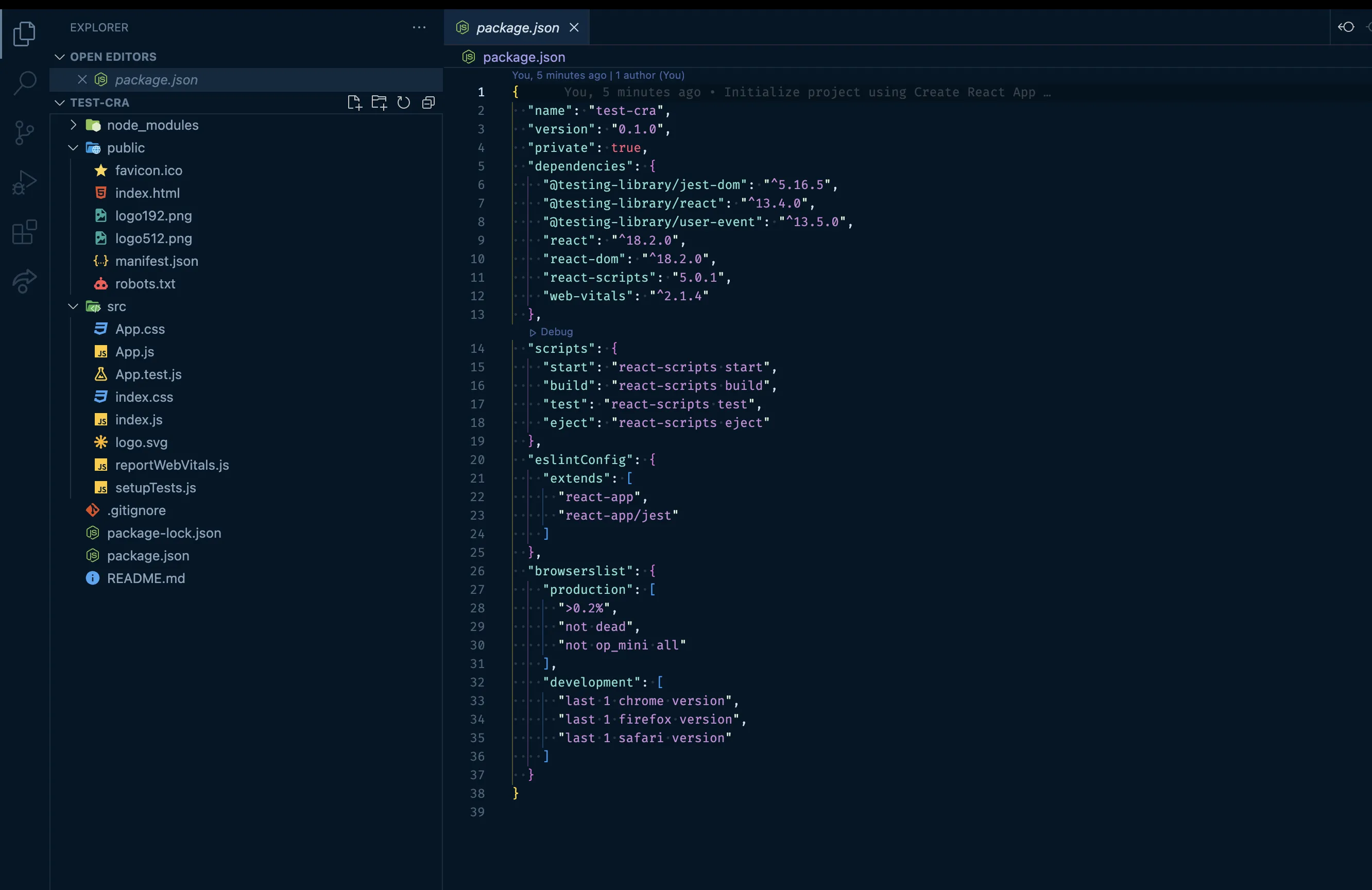 Content of the project after the npx command for CRA