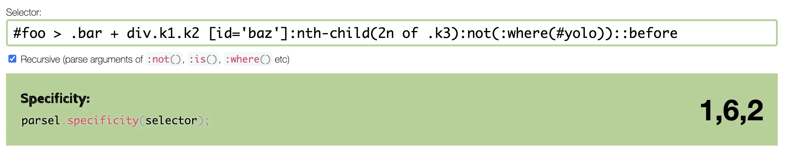 Parsel parsing "#foo > .bar + div.k1.k2 [id='baz'](2n of .k3)((#yolo))::before" and determining its specificity (1,6,2)